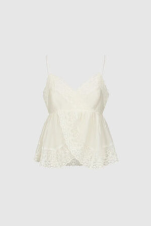 Lace Trim Strappy Cross Front Nipped Waist Cami Tops