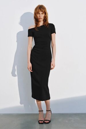 Cotton Stretch One Shoulder Short Sleeve Ruched Midi Dress