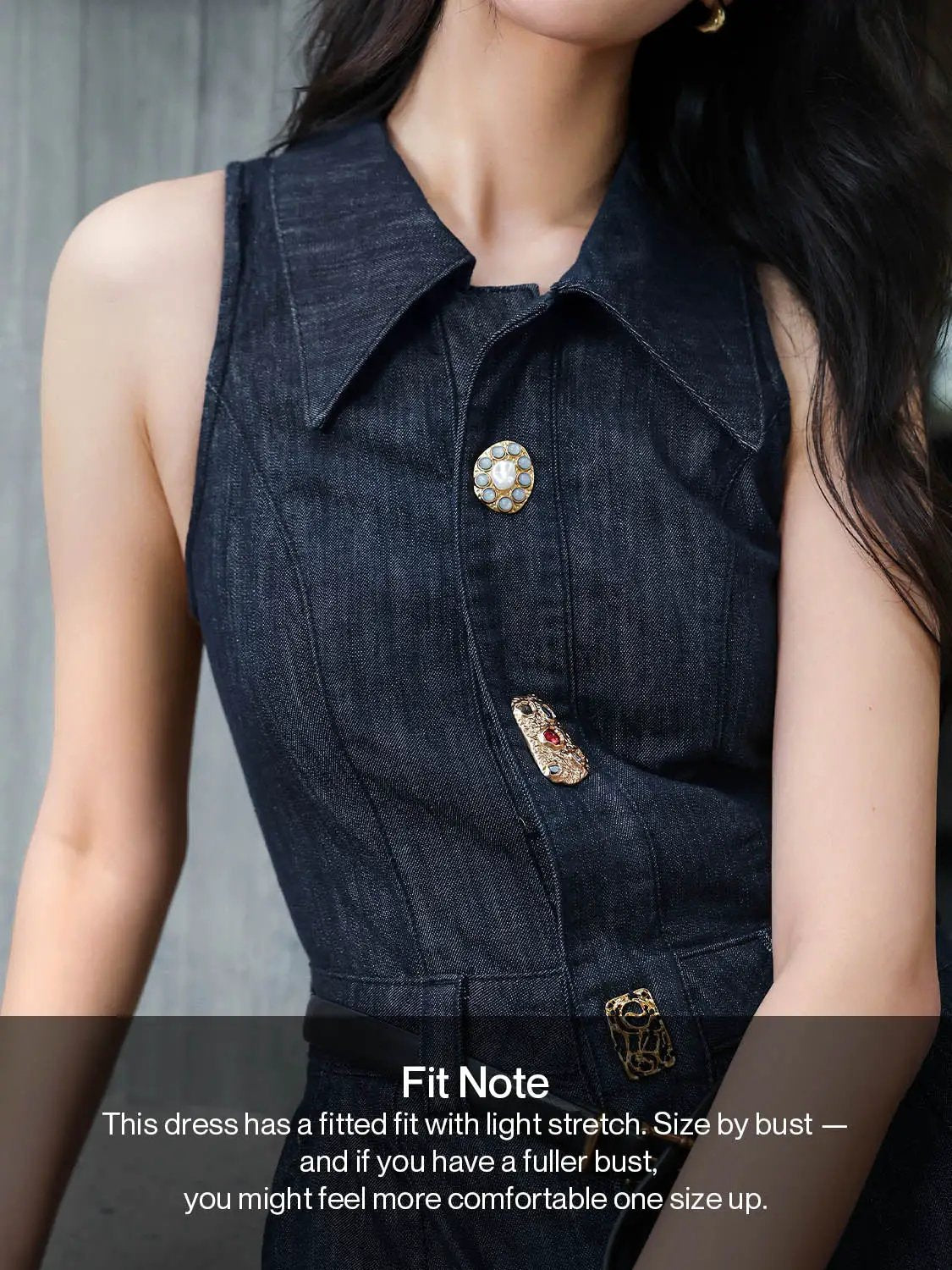 Denim Pleated Sleeveless Button Detail Dresses - Image 3