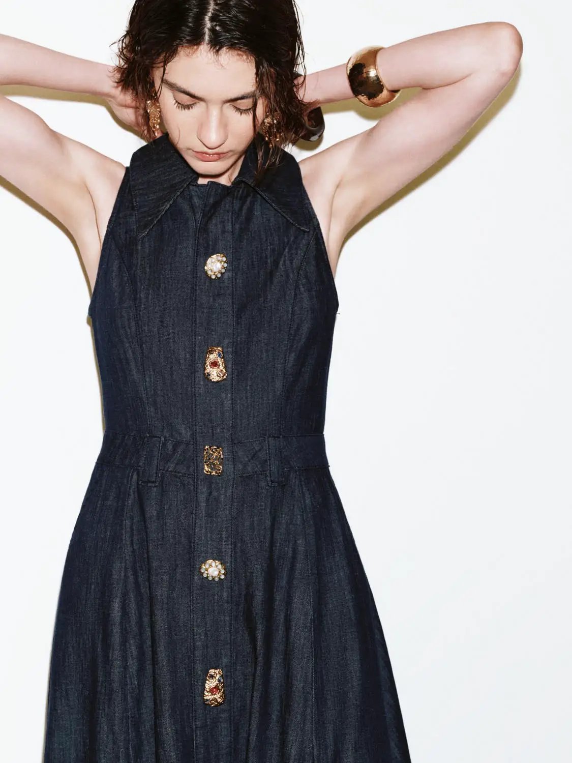 Denim Pleated Sleeveless Button Detail Dresses - Image 4