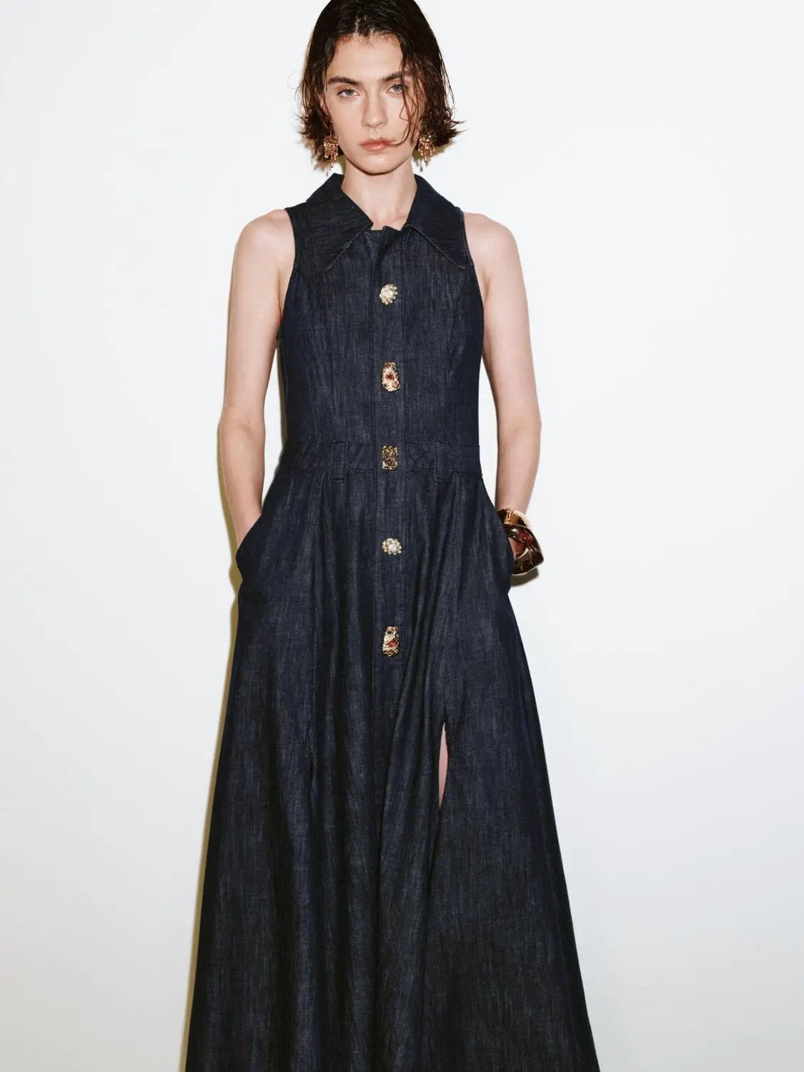 Denim Pleated Sleeveless Button Detail Dresses - Image 5