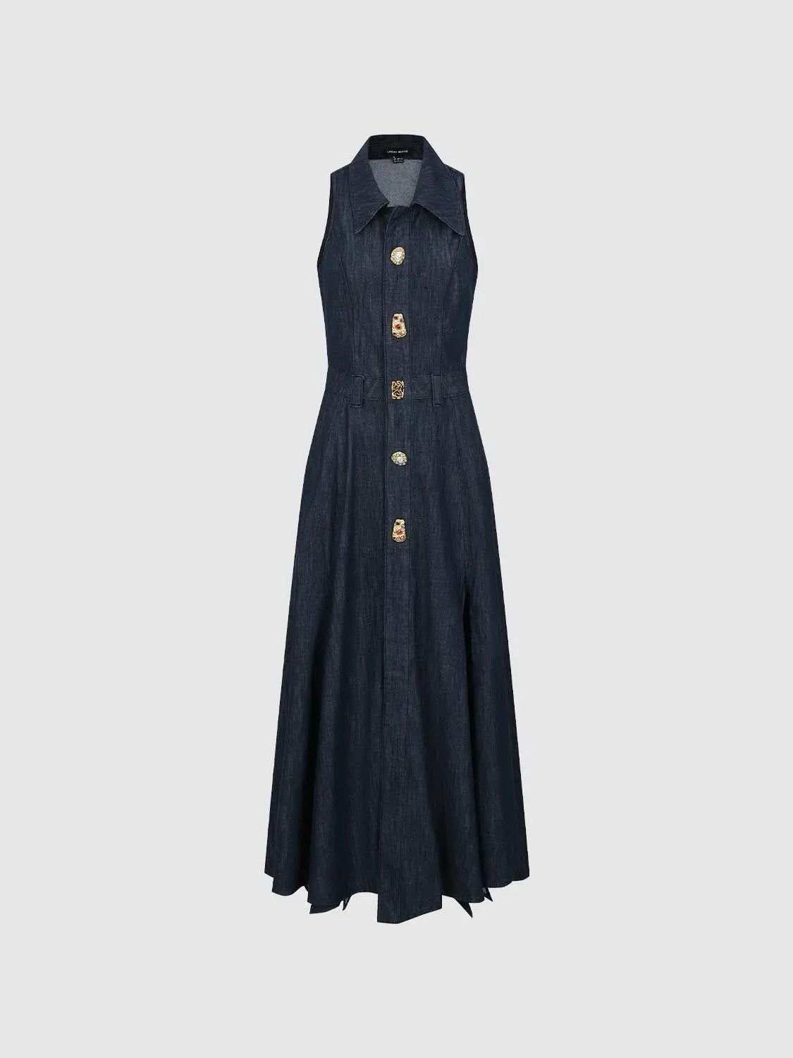 Denim Pleated Sleeveless Button Detail Dresses - Image 8
