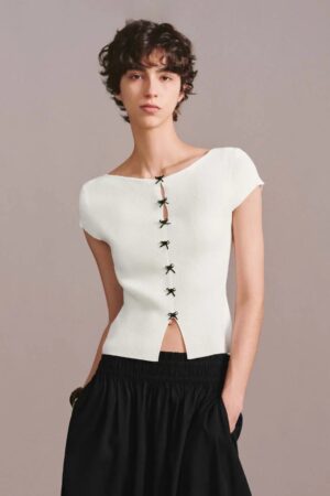 Bow Detail Slim Fit Knitted Fine Knit T Shirt