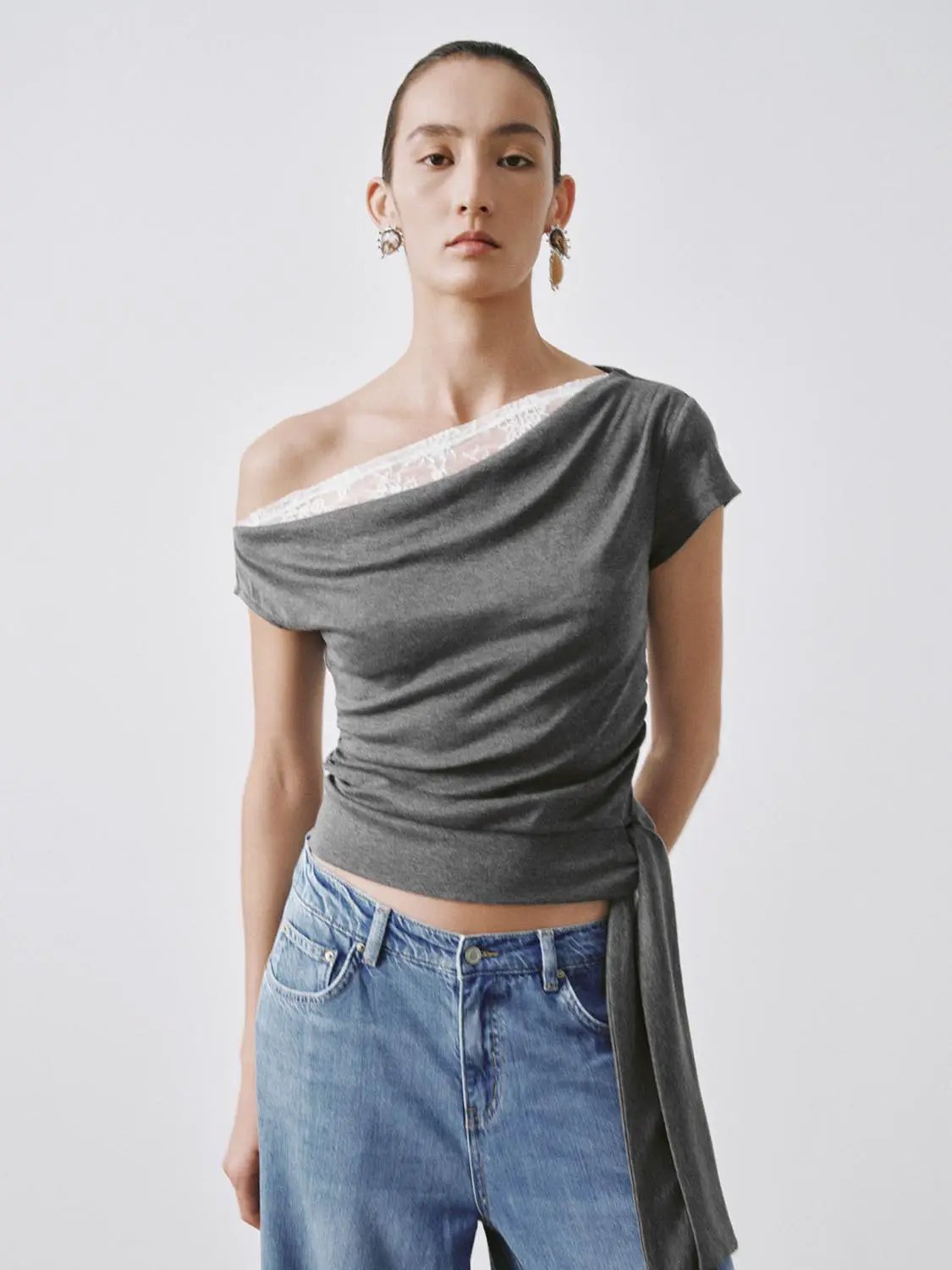 Olive One Shoulder Ruched Lace Trim Elegant Top - Image 9