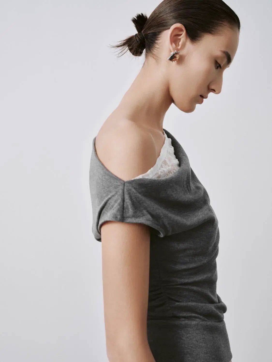 Olive One Shoulder Ruched Lace Trim Elegant Top - Image 10