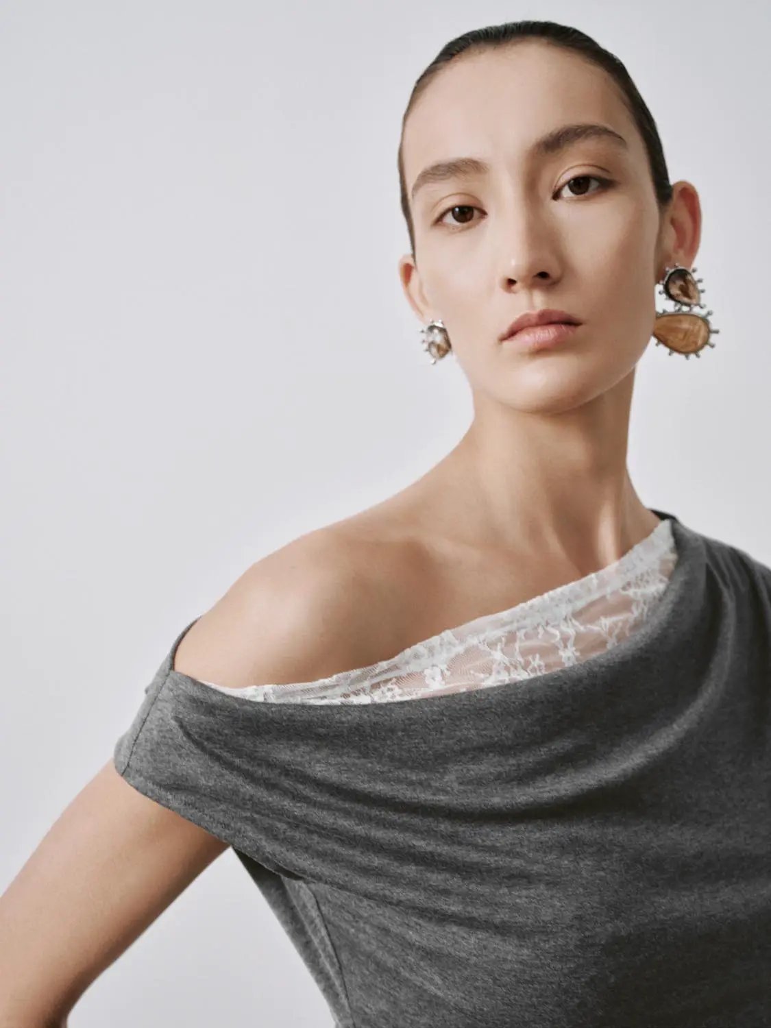 Olive One Shoulder Ruched Lace Trim Elegant Top - Image 11