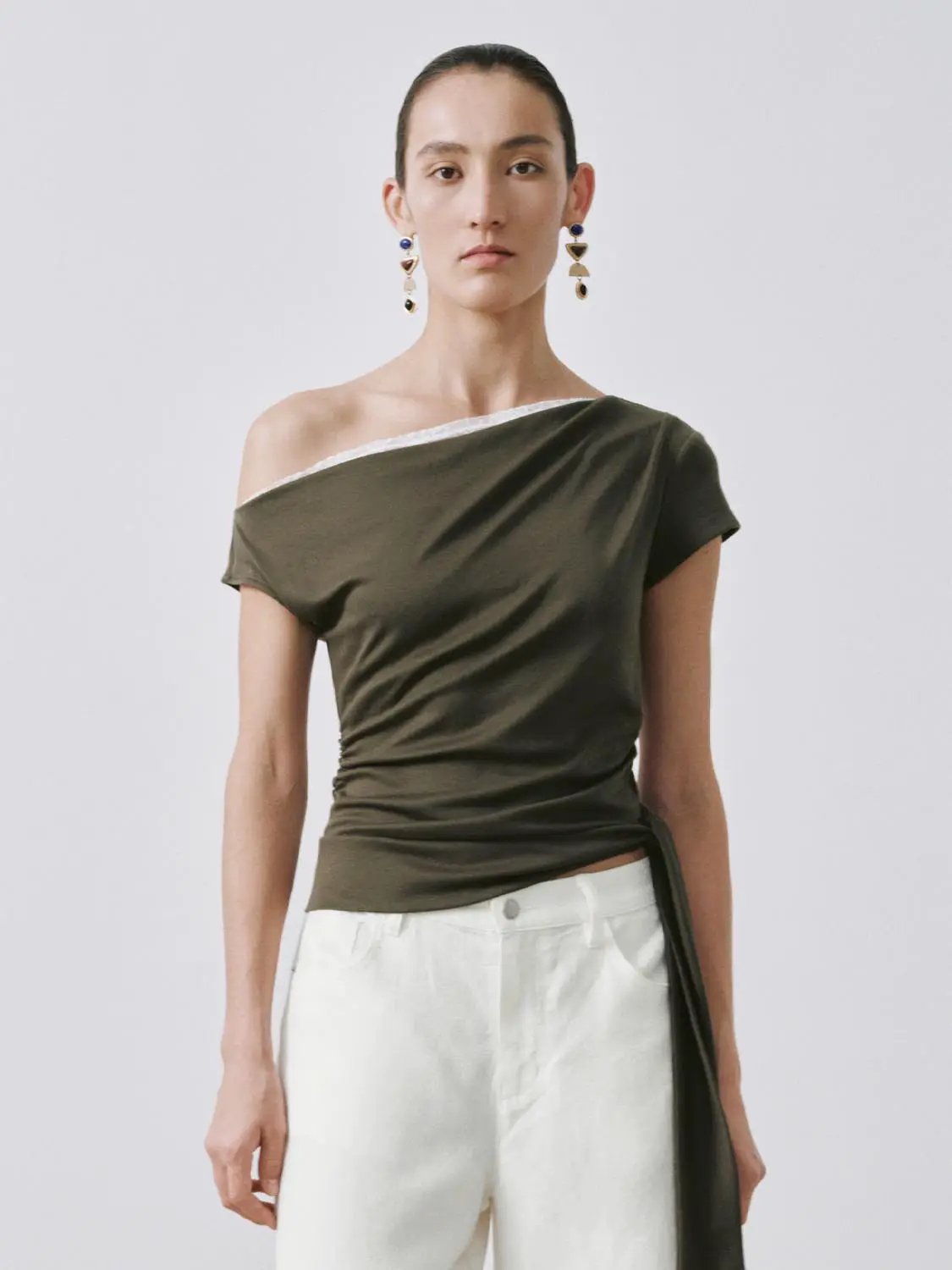 Olive One Shoulder Ruched Lace Trim Elegant Top