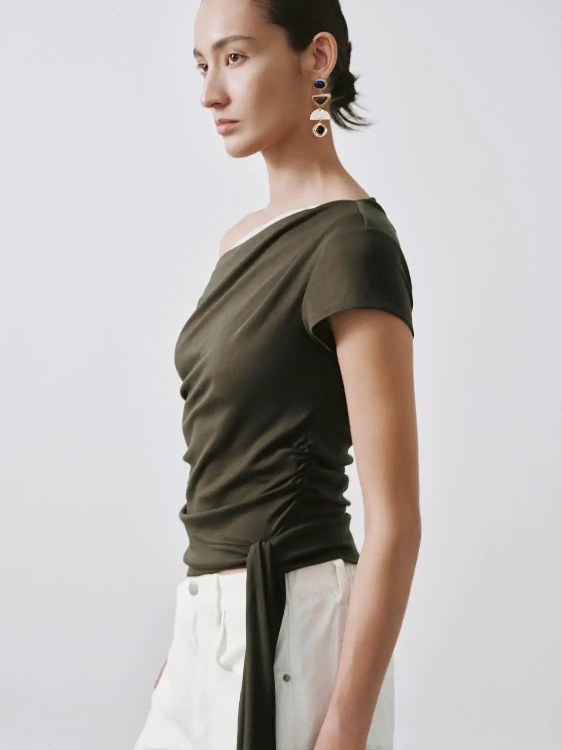 Olive One Shoulder Ruched Lace Trim Elegant Top - Image 2