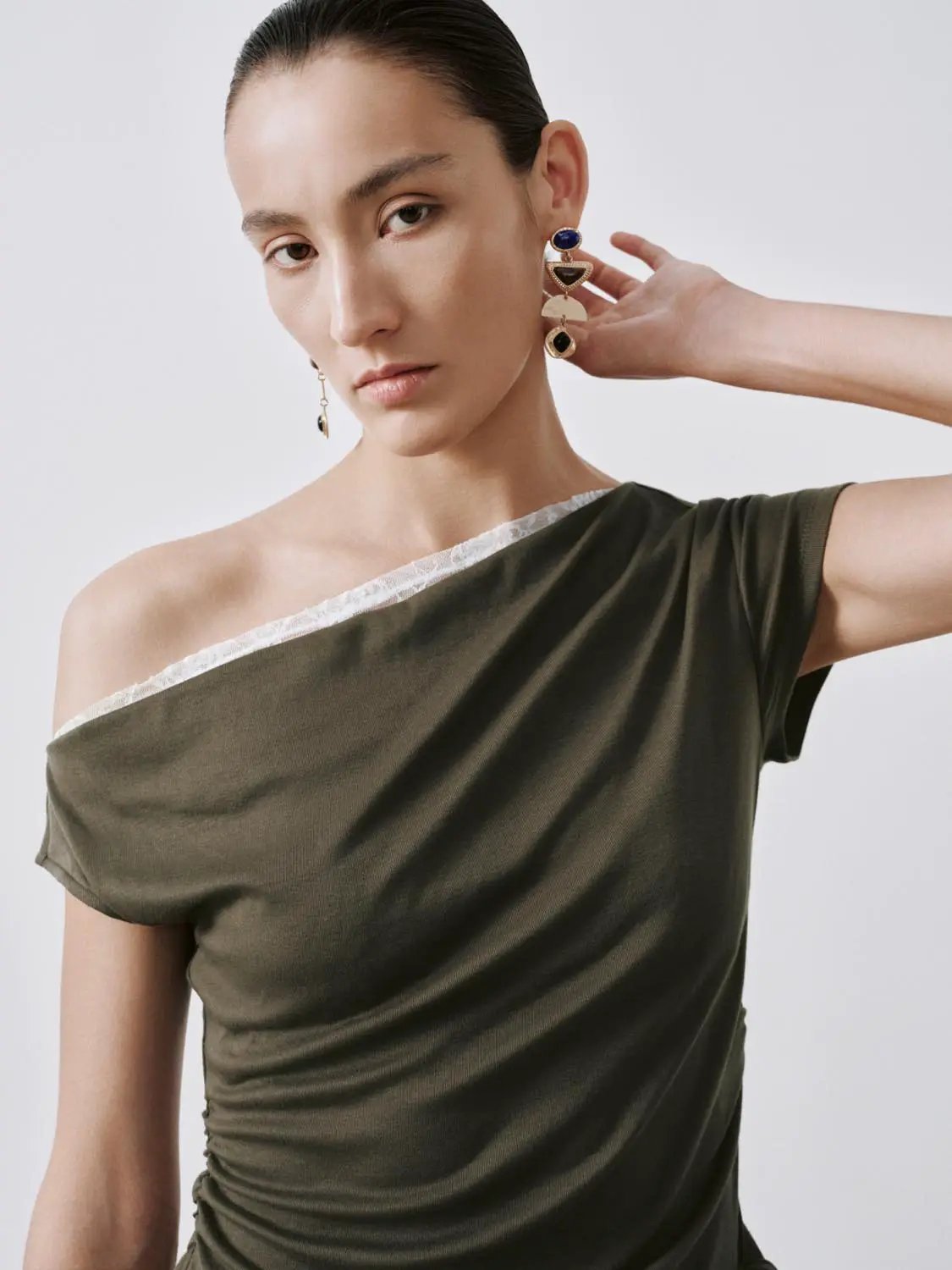 Olive One Shoulder Ruched Lace Trim Elegant Top - Image 3
