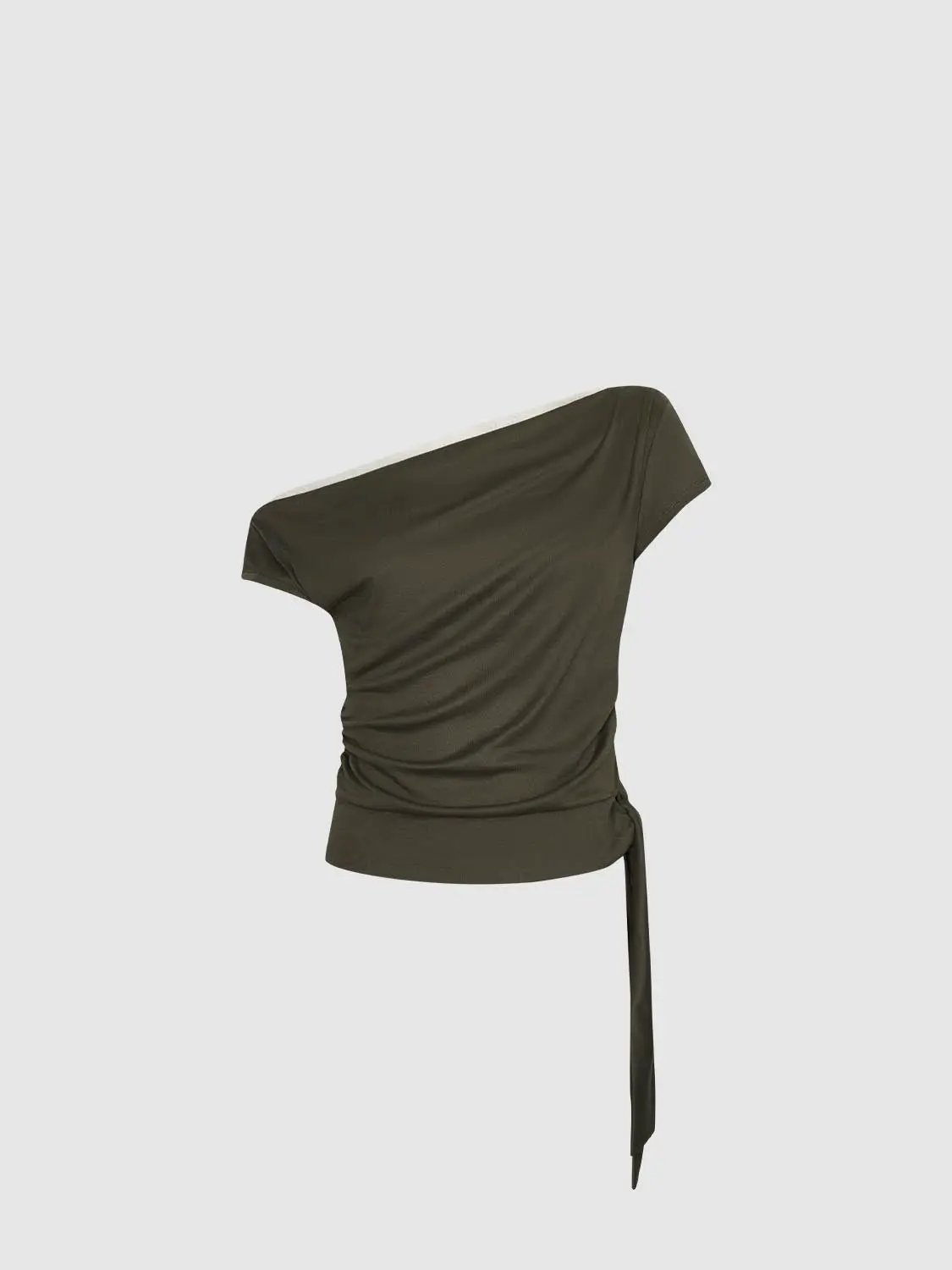Olive One Shoulder Ruched Lace Trim Elegant Top - Image 7