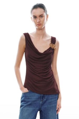 Cowl Neck Ruched Sleeveless Stretch T Shirt