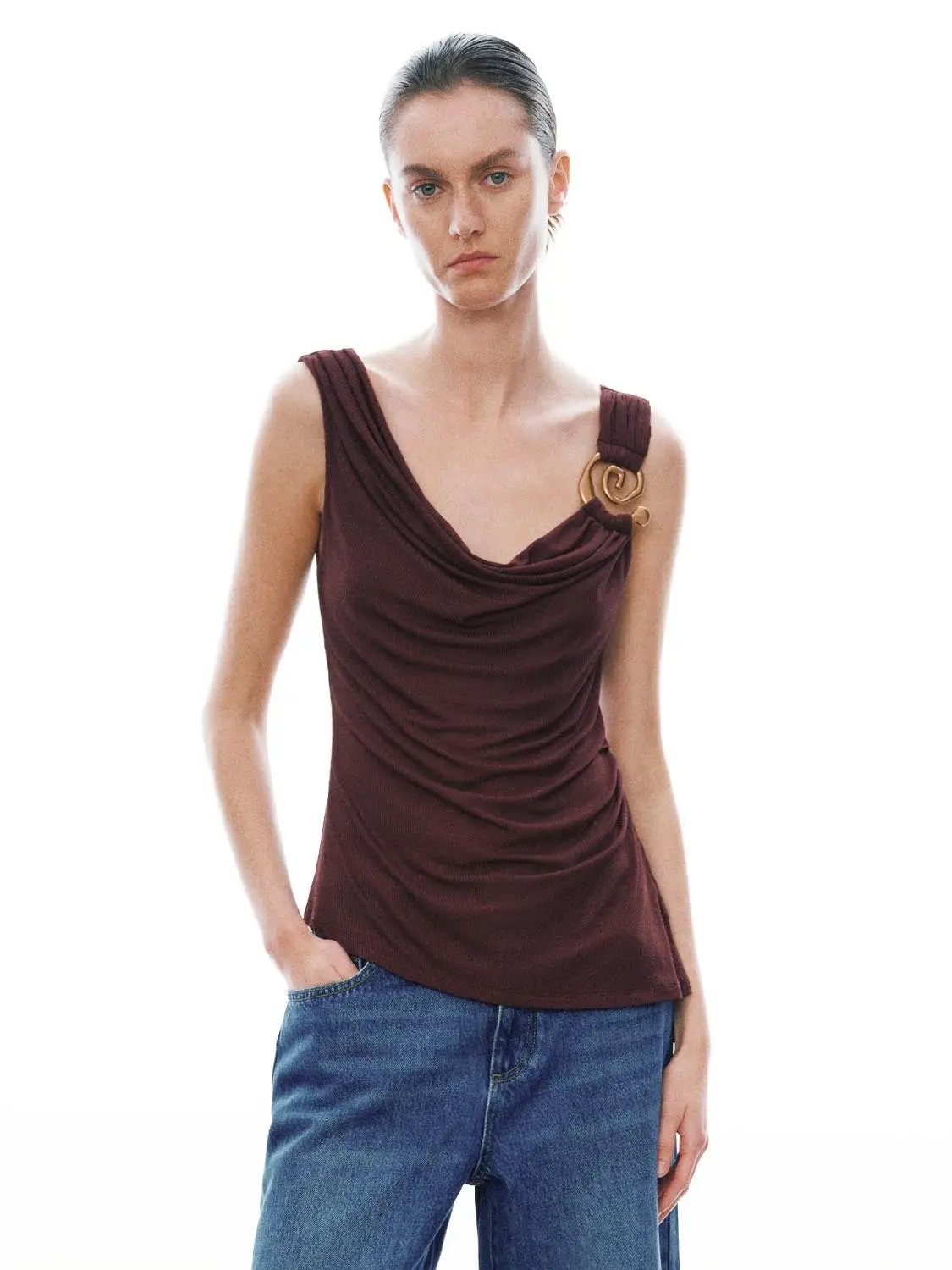 Cowl Neck Ruched Sleeveless Stretch T Shirt