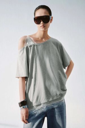 One Shoulder Lace Trim Loose Fit Cotton Lyocell T Shirt