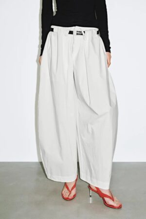 Cotton Blend Belted Wide Leg Palazzo Pants
