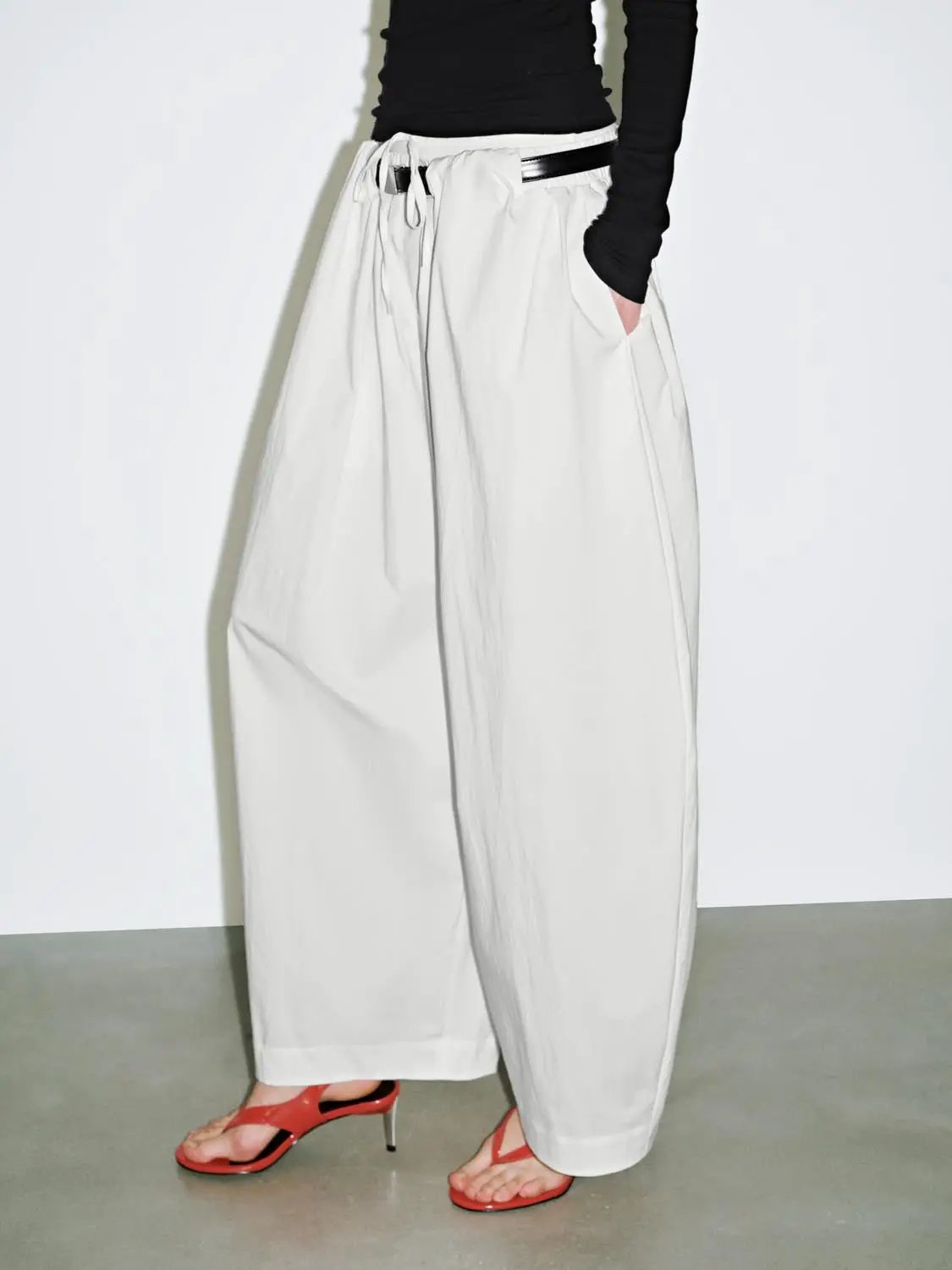 Cotton Blend Belted Wide Leg Palazzo Pants - Image 3