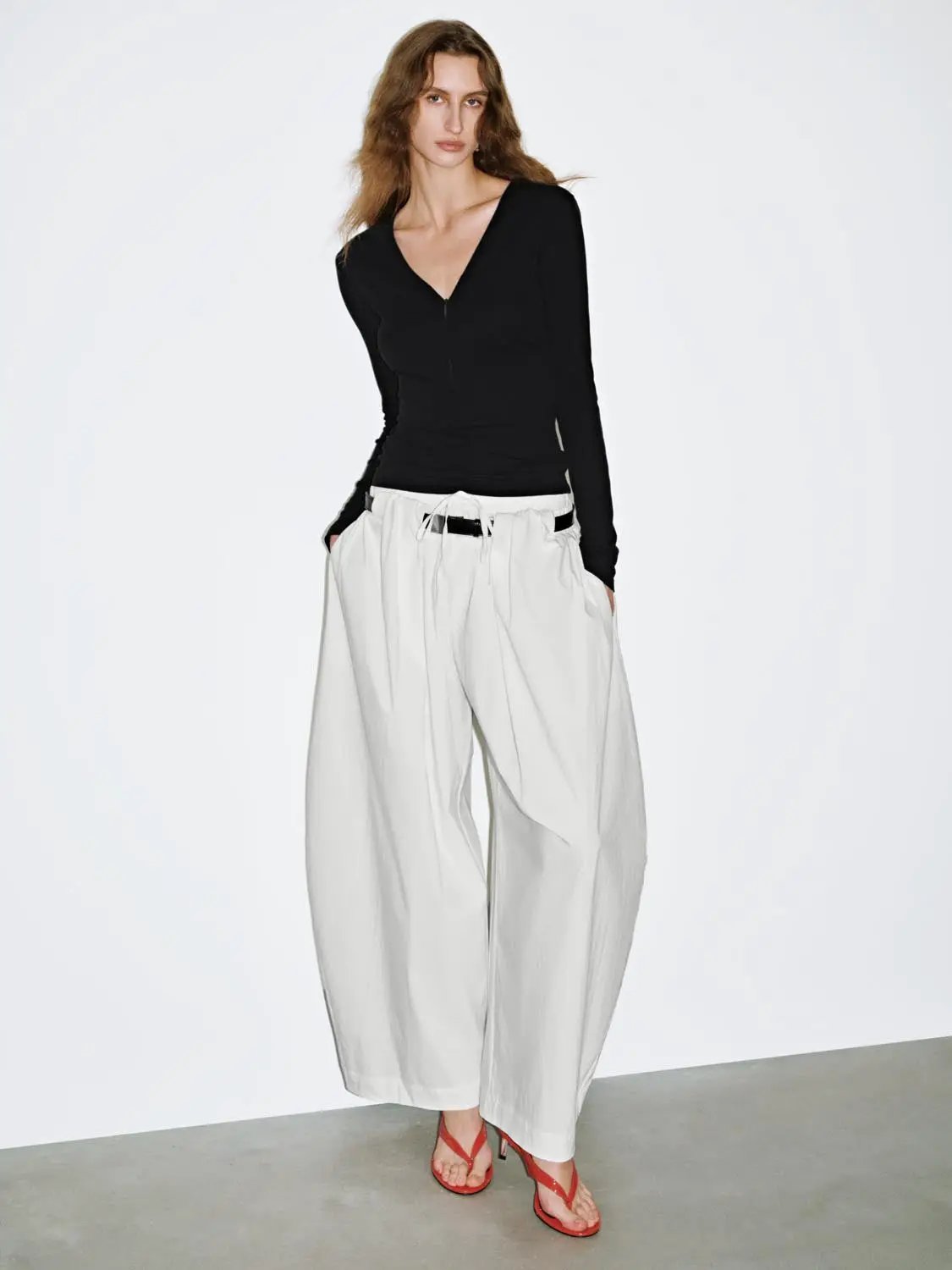 Cotton Blend Belted Wide Leg Palazzo Pants - Image 7
