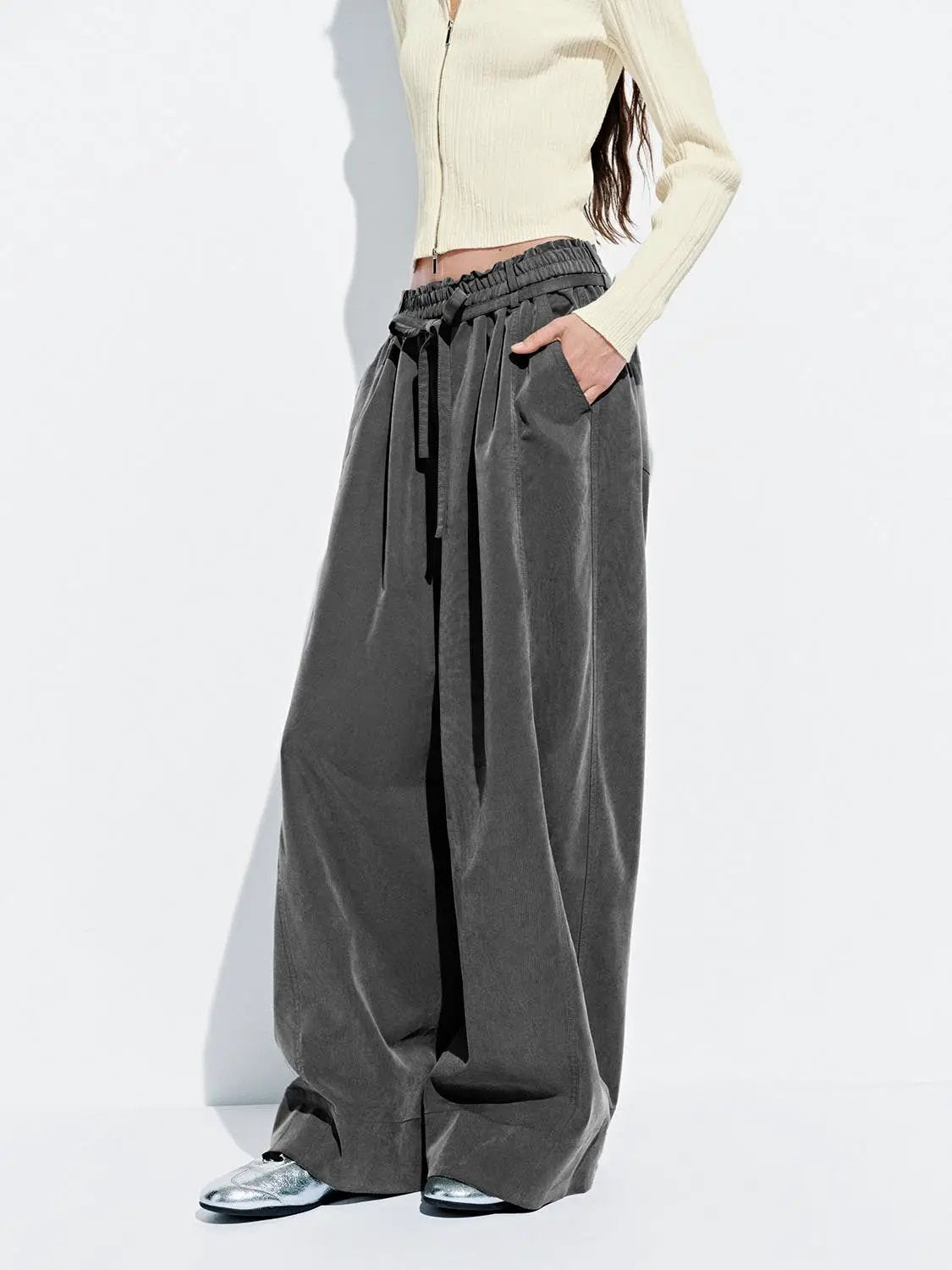 Effortless Draped Drawstring Wide Leg Pants - Image 3