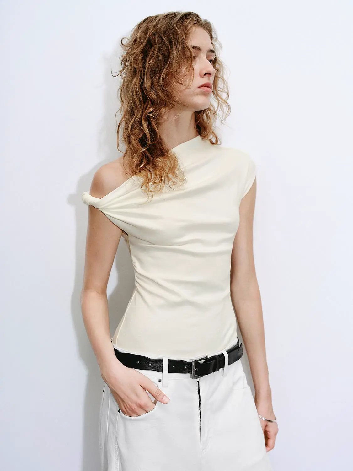 One Shoulder Ruched Cotton Blend T Shirt - Image 2