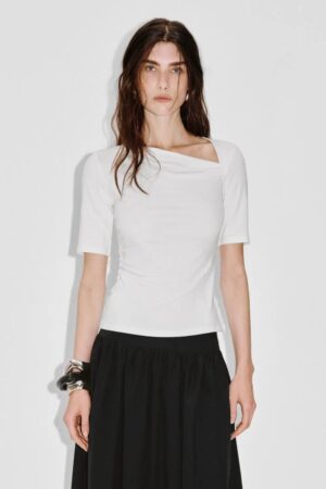 Asymmetric Neck Ruched Viscose Cotton T Shirt