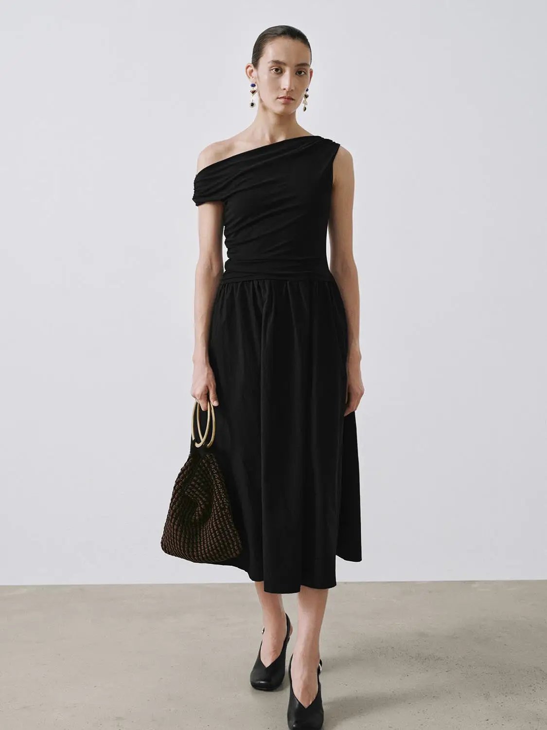 One Shoulder Ruched A-Line Midi Viscose Blend Dress - Image 9