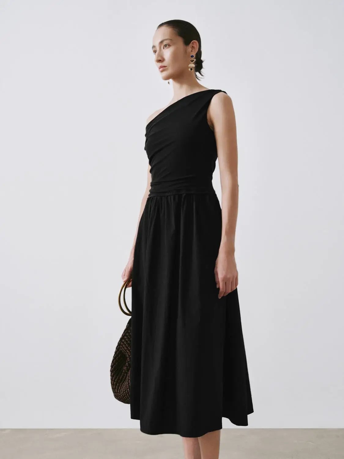 One Shoulder Ruched A-Line Midi Viscose Blend Dress - Image 10