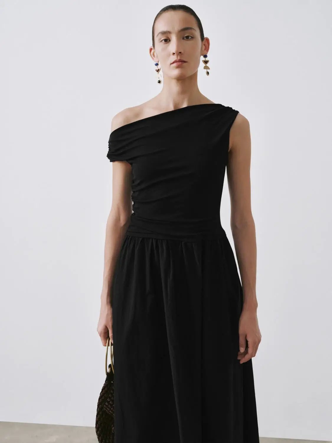 One Shoulder Ruched A-Line Midi Viscose Blend Dress - Image 13