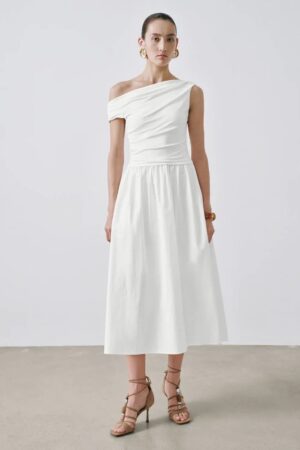One Shoulder Ruched A-Line Midi Viscose Blend Dress