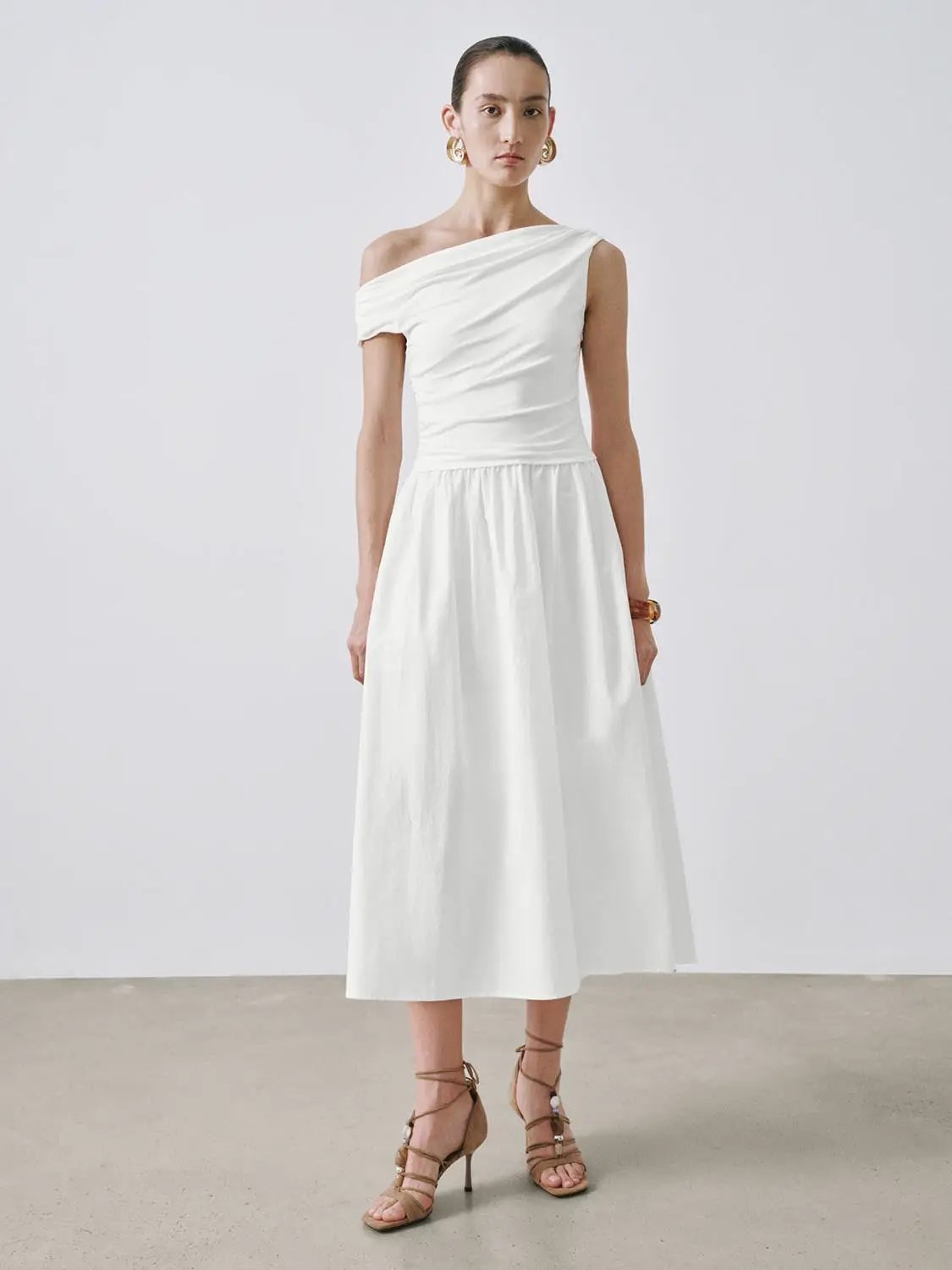 One Shoulder Ruched A-Line Midi Viscose Blend Dress