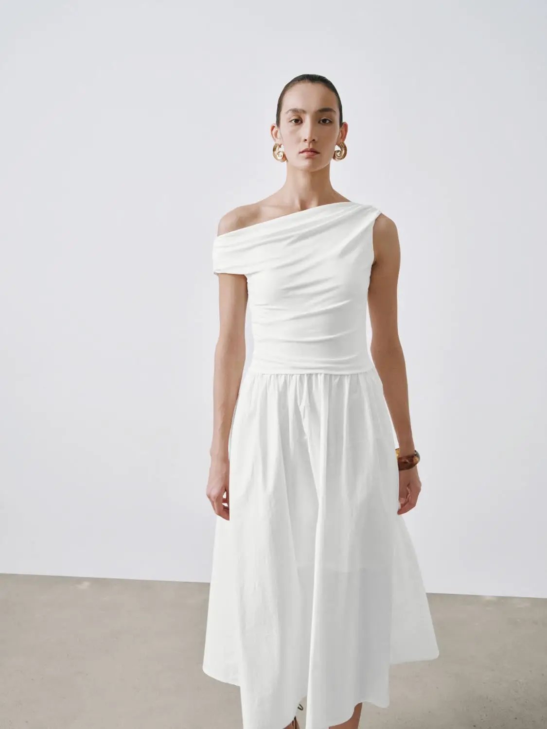 One Shoulder Ruched A-Line Midi Viscose Blend Dress - Image 5