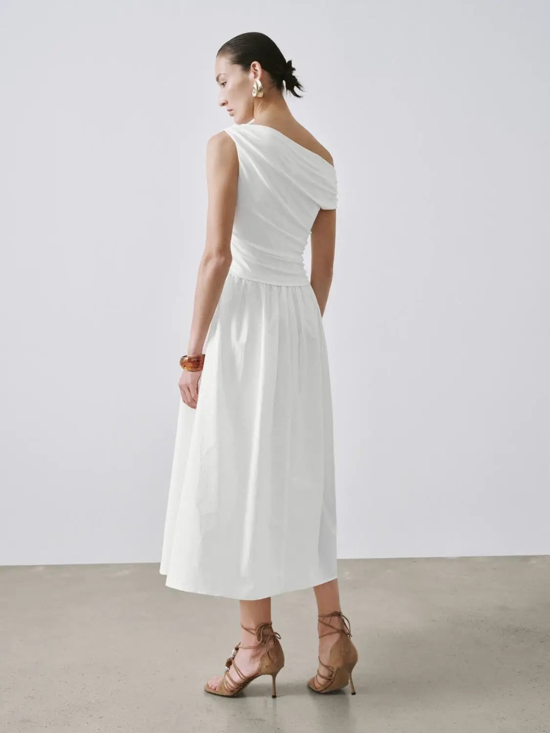 One Shoulder Ruched A-Line Midi Viscose Blend Dress - Image 6