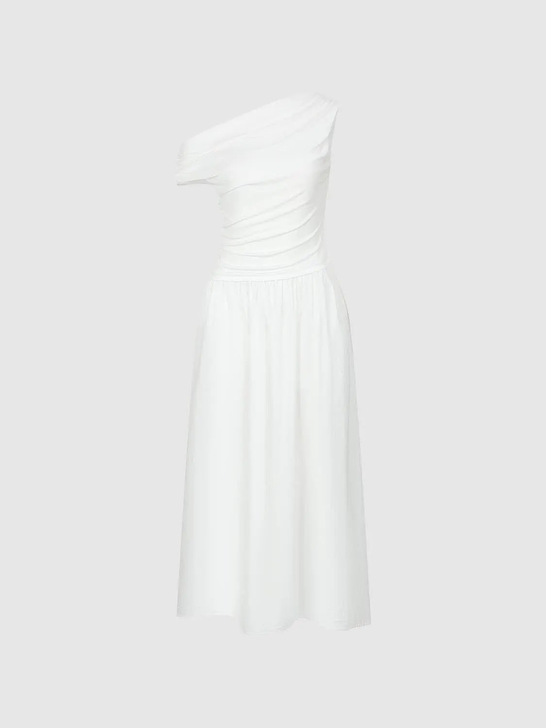 One Shoulder Ruched A-Line Midi Viscose Blend Dress - Image 7