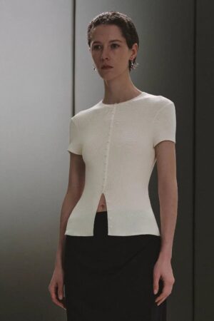 Lyocell Silk Blend Button Detail Crew Neck Knit Top