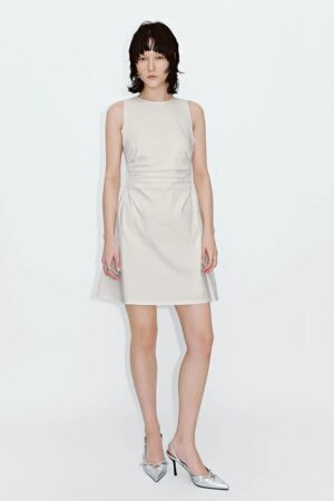 Viscose Blend Ruched Waist Sleeveless A Line Dresses