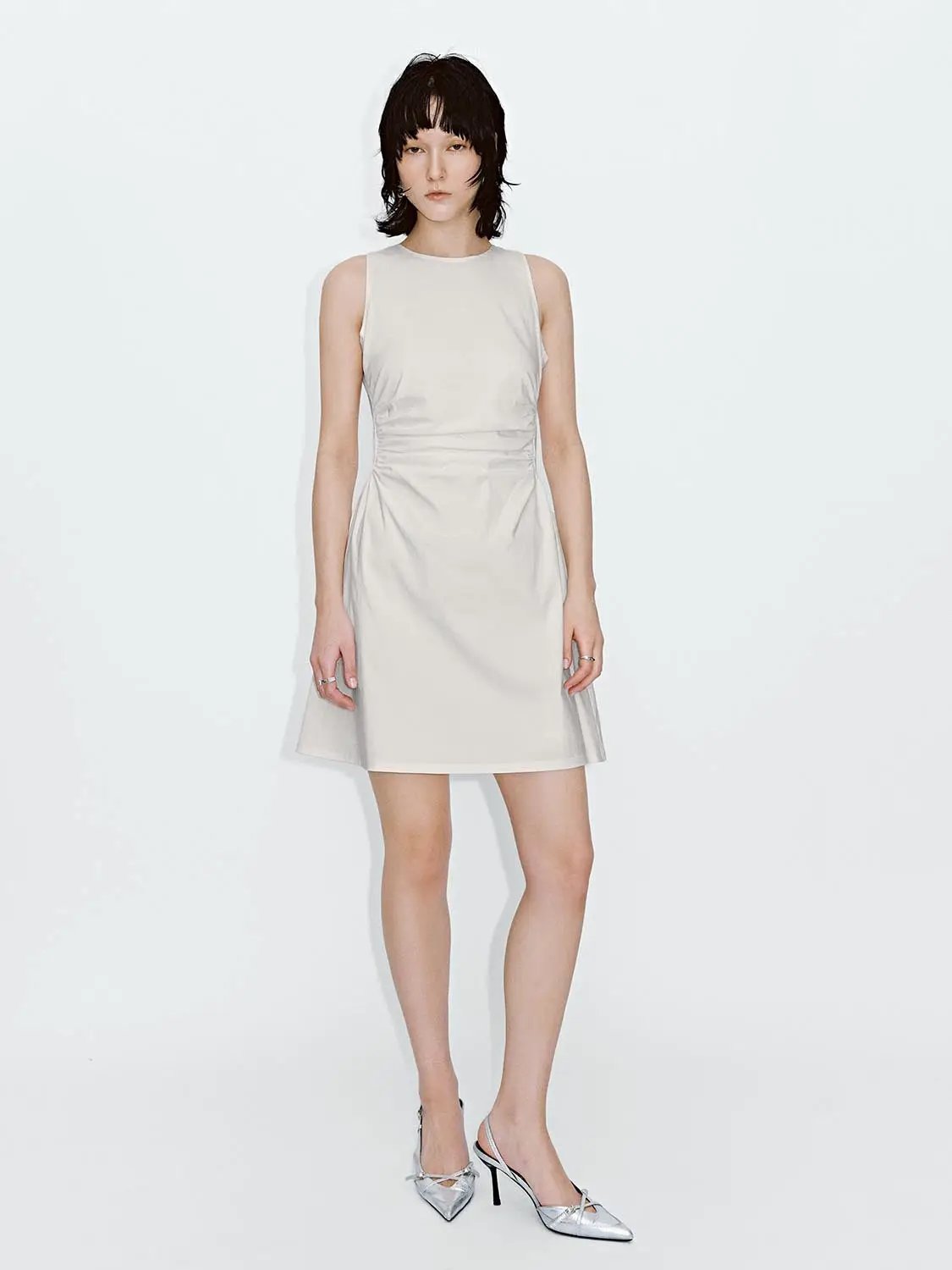 Viscose Blend Ruched Waist Sleeveless A Line Dresses