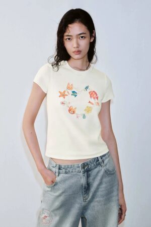 Heart Shaped Animal Print Cotton Blend Ladies T Shirt