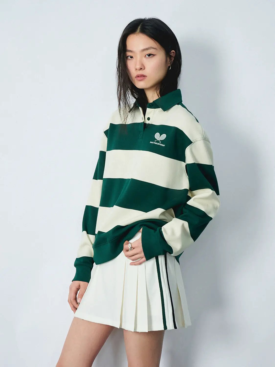 Green Cotton Blend Striped Rugby Polo Shirt - Image 2