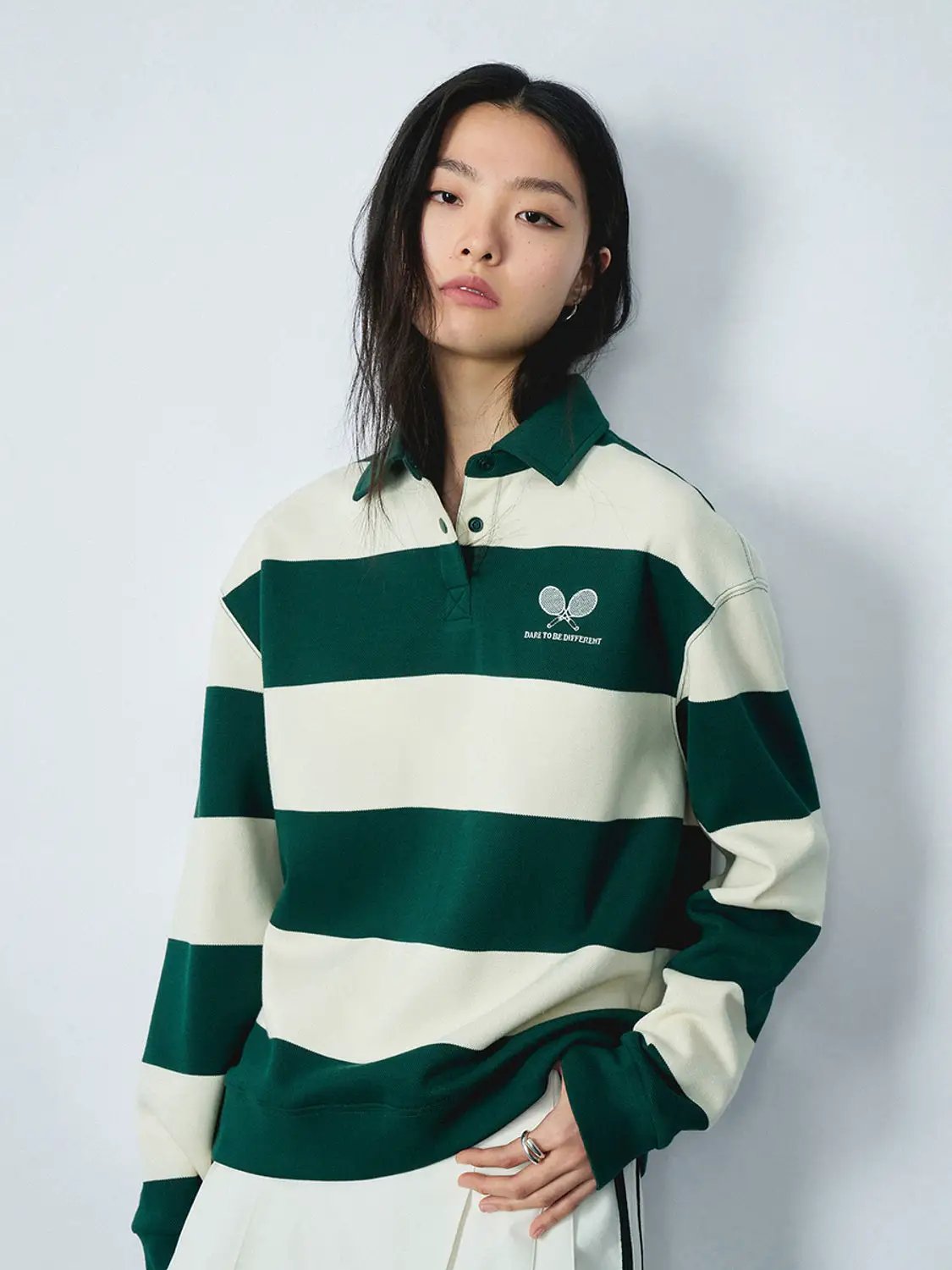 Green Cotton Blend Striped Rugby Polo Shirt - Image 3