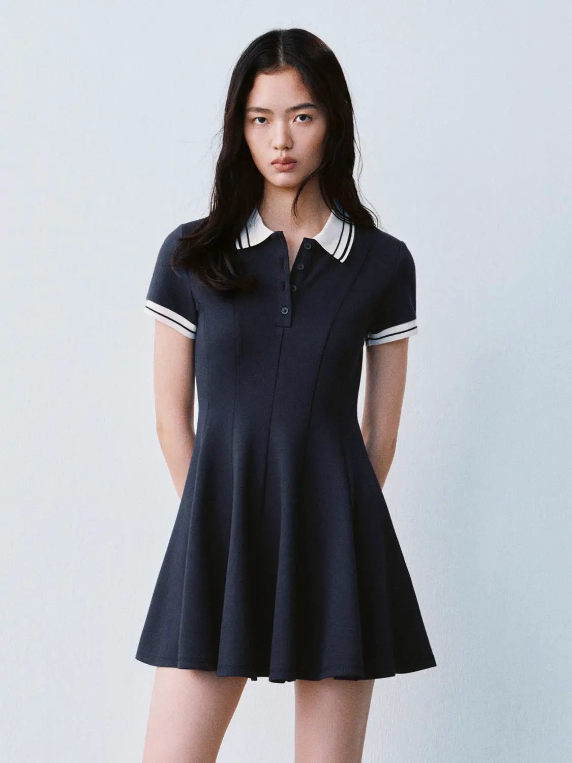 Polo Neck Short Sleeve A Line With Stretch Dresses - Image 18