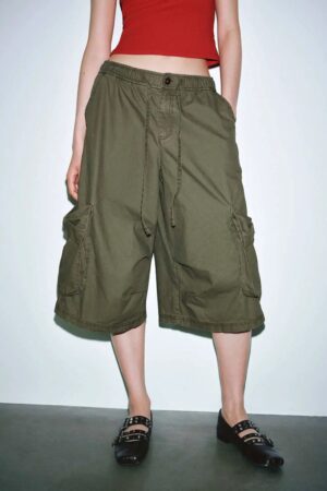 Cotton Patch Pocket Drawstring Wide Leg Cropped Pants