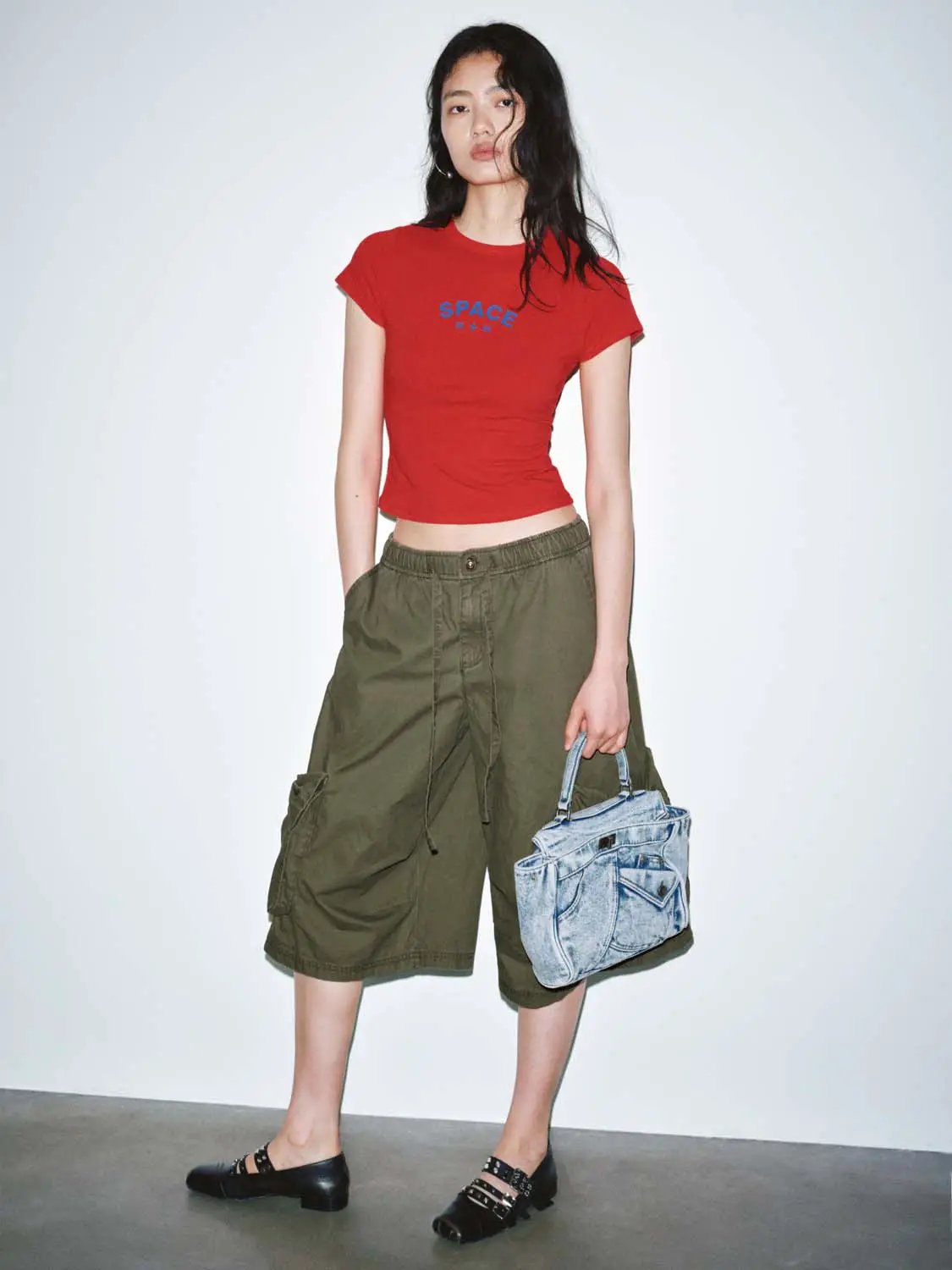 Cotton Patch Pocket Drawstring Wide Leg Cropped Pants - Image 5