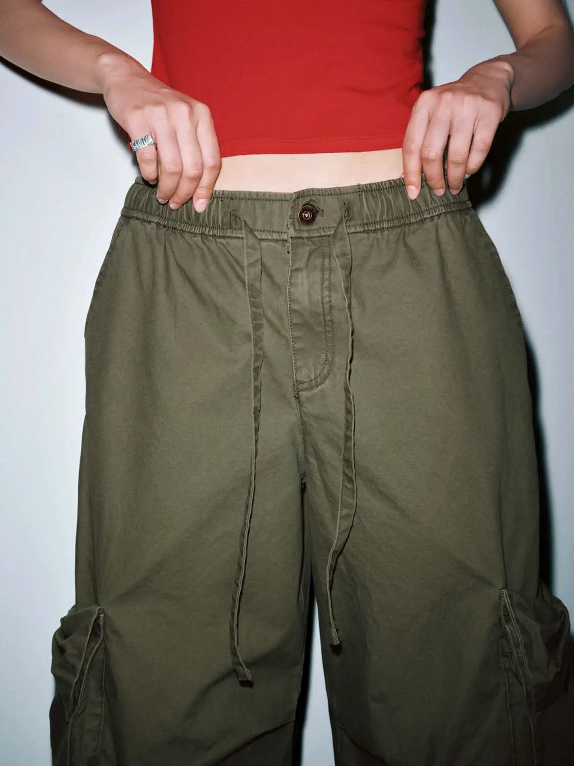 Cotton Patch Pocket Drawstring Wide Leg Cropped Pants - Image 6