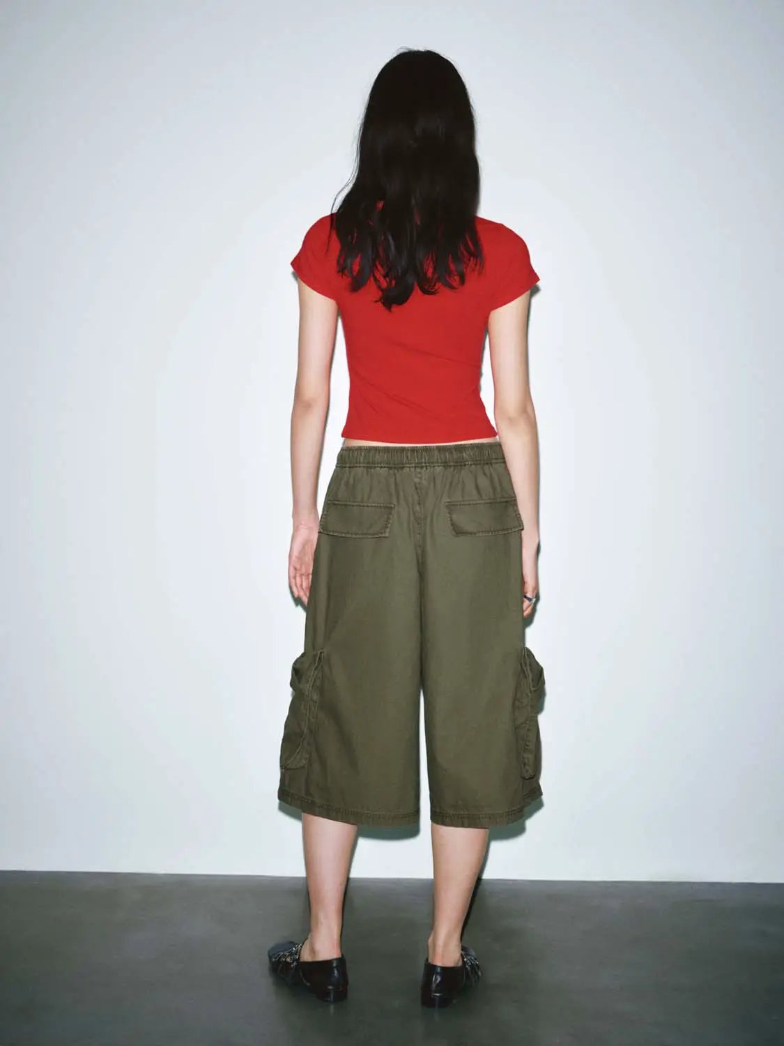 Cotton Patch Pocket Drawstring Wide Leg Cropped Pants - Image 7