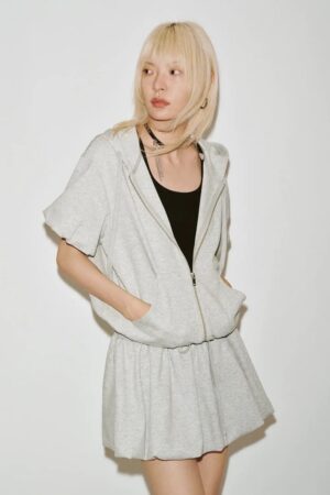 Cotton Blend Drawstring Hooded Balloon Hem Mini Dresses