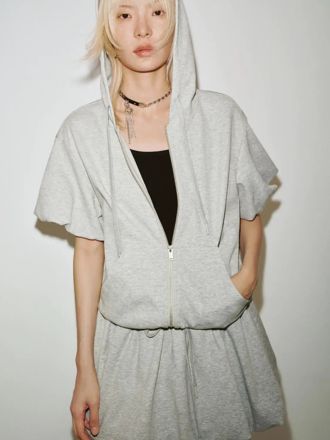 Cotton Blend Drawstring Hooded Balloon Hem Mini Dresses - Image 3
