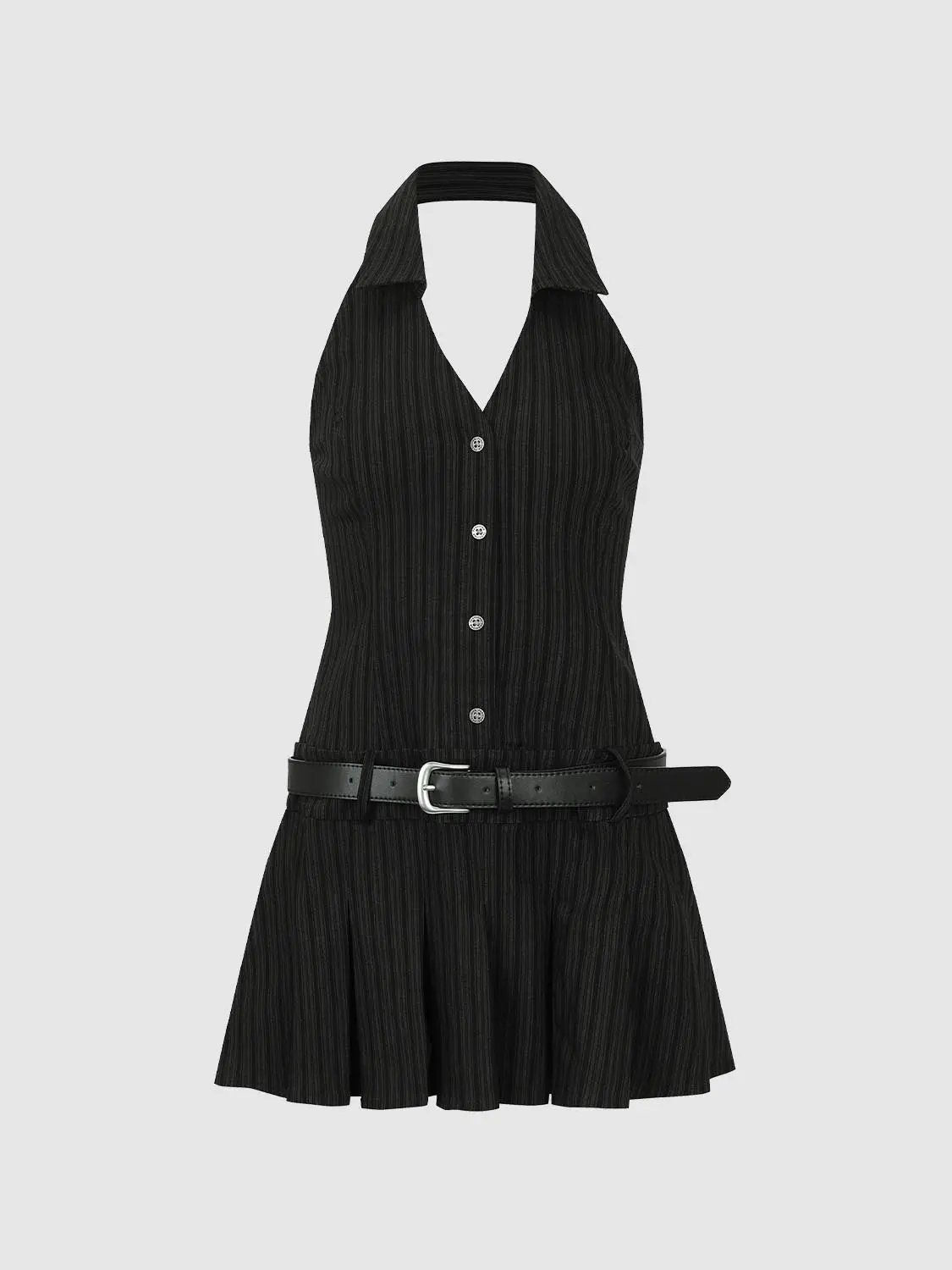 Collared V Neck Sleeveless Striped A Line Pleated Dress - Image 7