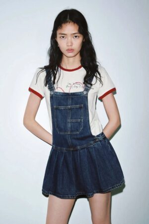 Cotton Denim Pinafore Pleated Mini Dresses