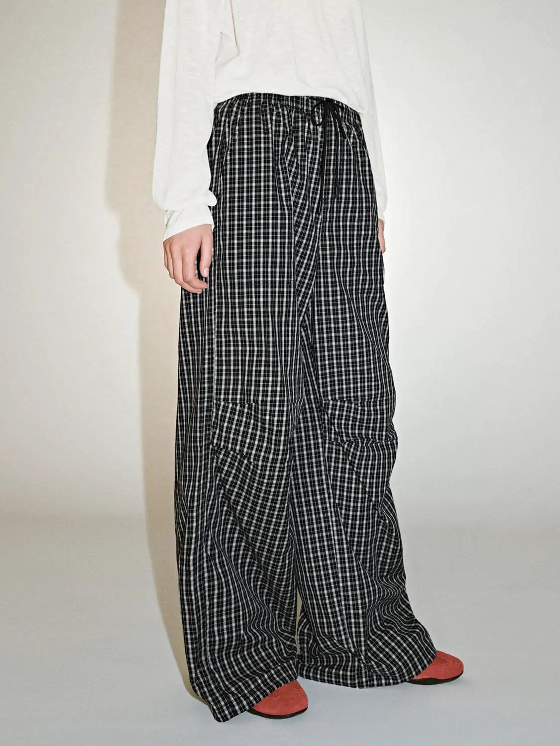 Cotton Contrast Check Drawstring Wide Leg Pants - Image 11