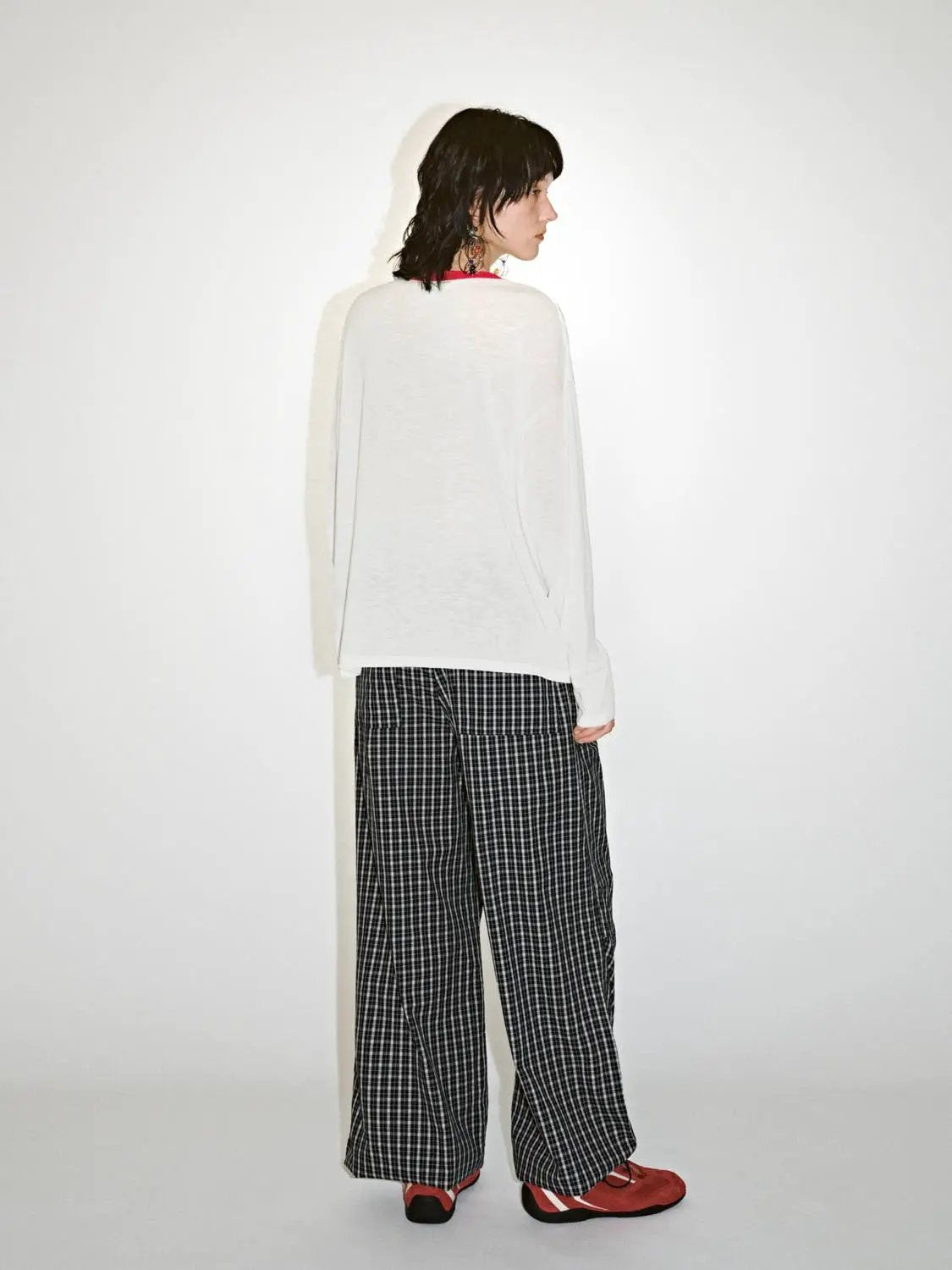 Cotton Contrast Check Drawstring Wide Leg Pants - Image 12