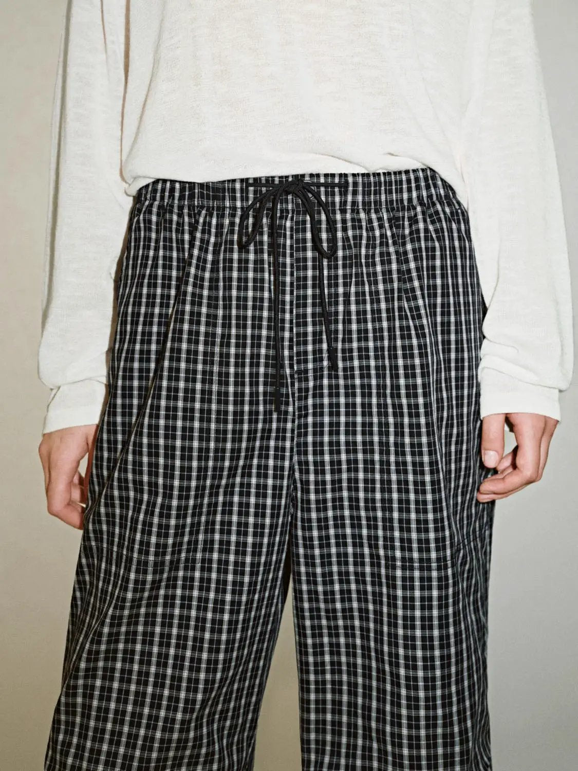 Cotton Contrast Check Drawstring Wide Leg Pants - Image 13