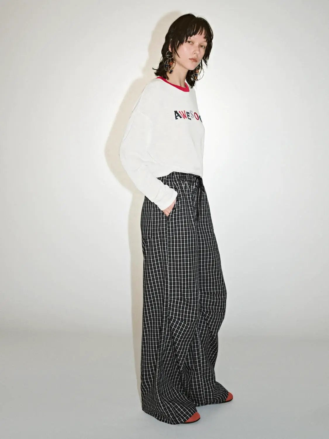 Cotton Contrast Check Drawstring Wide Leg Pants - Image 14